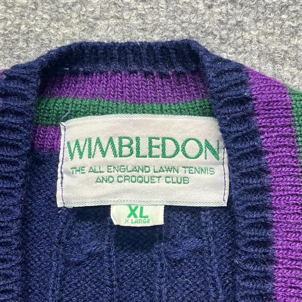 Vintage Wimbledon Men's XL Cable Knit V-Neck Sweater Navy Blue Tennis Preppy
